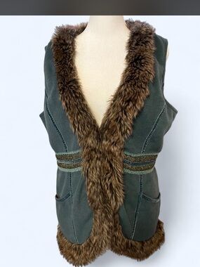 Tracy Porter Faux Fur Vest Y2K Hippie Boho Large velvet lace funky